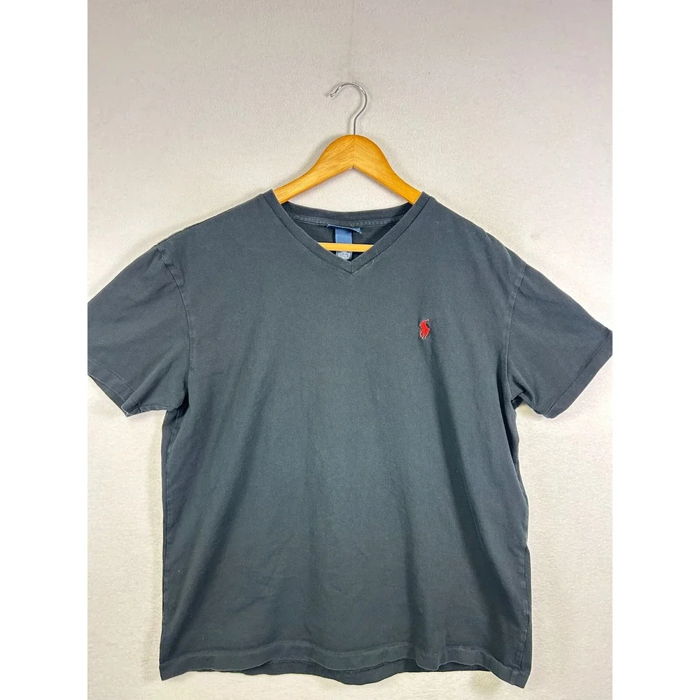 Polo Ralph Lauren V-Neck T-Shirt Men Medium Black Red Pony Logo Cotton Short Slv